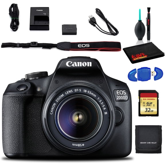 Canon EOS 2000D DSLR Camera with EF-S 18-55 mm F/3.5-5.6 III Lens with Cleaning Kit, and Memory Kit (International Version)