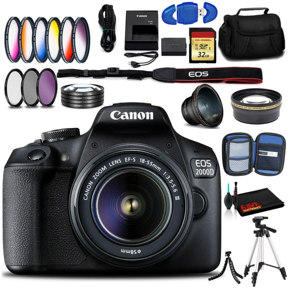Canon EOS 2000D DSLR Camera with EF-S 18-55 mm F/3.5-5.6 III Lens (Intl Model) with Memory, Case, Tripods, and Filters(International Model)
