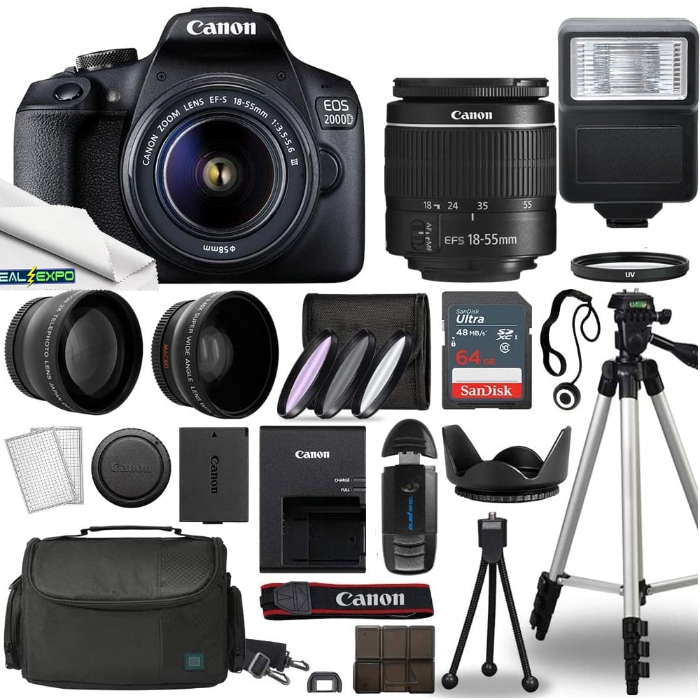 Canon EOS 2000D Digital SLR Camera Body w/Canon EF-S 18-55mm f/3.5-5.6 IS II Lens DSLR Kit with Deal-ExpoComplete Accessory Bundle + Tripod + 64GB + Flash + Case & More - International Model