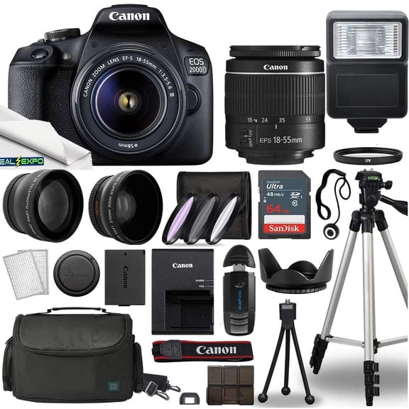 Canon EOS 2000D Digital SLR Camera Body w/Canon EF-S 18-55mm f/3.5-5.6 IS II Lens DSLR Kit with Deal-ExpoComplete Accessory Bundle + Tripod + 64GB + Flash + Case & More - International Model