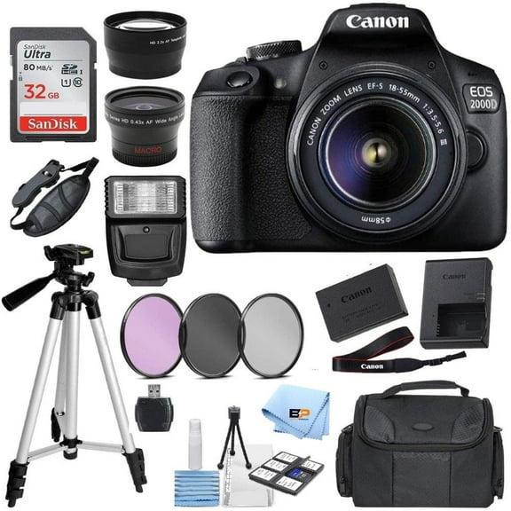 Canon EOS 2000D Digital SLR Camera w/ 18-55MM DC III Lens Kit Black with Accessory Bundle, Package Includes: SanDisk 32GB Card + DSLR Bag + 50 Tripod