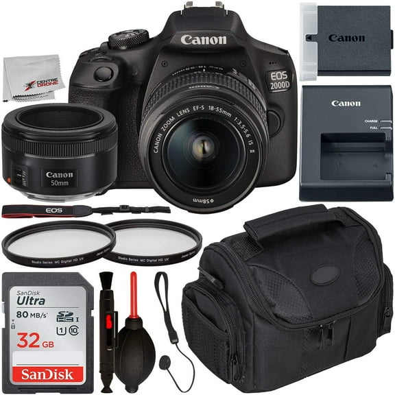 Canon EOS 2000D (International Model) DSLR Camera with 18-55mm IS II and 50mm f/1.8 STM Lenses, Starter Bundle with SanDisk Ultra 32GB SD Card, Carrying Case, UV Filters, and More