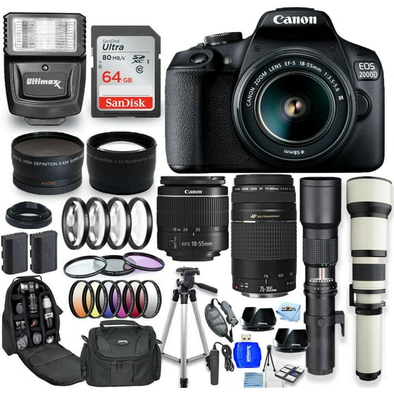 Canon EOS 2000D / Rebel T7 18-55mm + 75-300mm + 500mm + 650-1300mm 64GB Bundle
