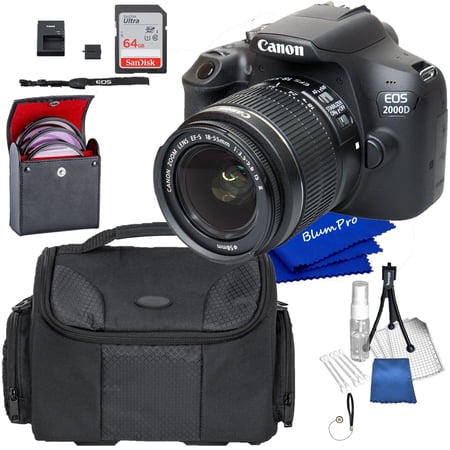 Canon EOS 2000D / Rebel T7 DSLR 24.1 MP Camera with Canon EF-S 18-55mm F/3.5-5.6 IS II Zoom Lens, BlumPro Bundle Includes 64GB Memory Card, Bag, 3 Piece Filters and More