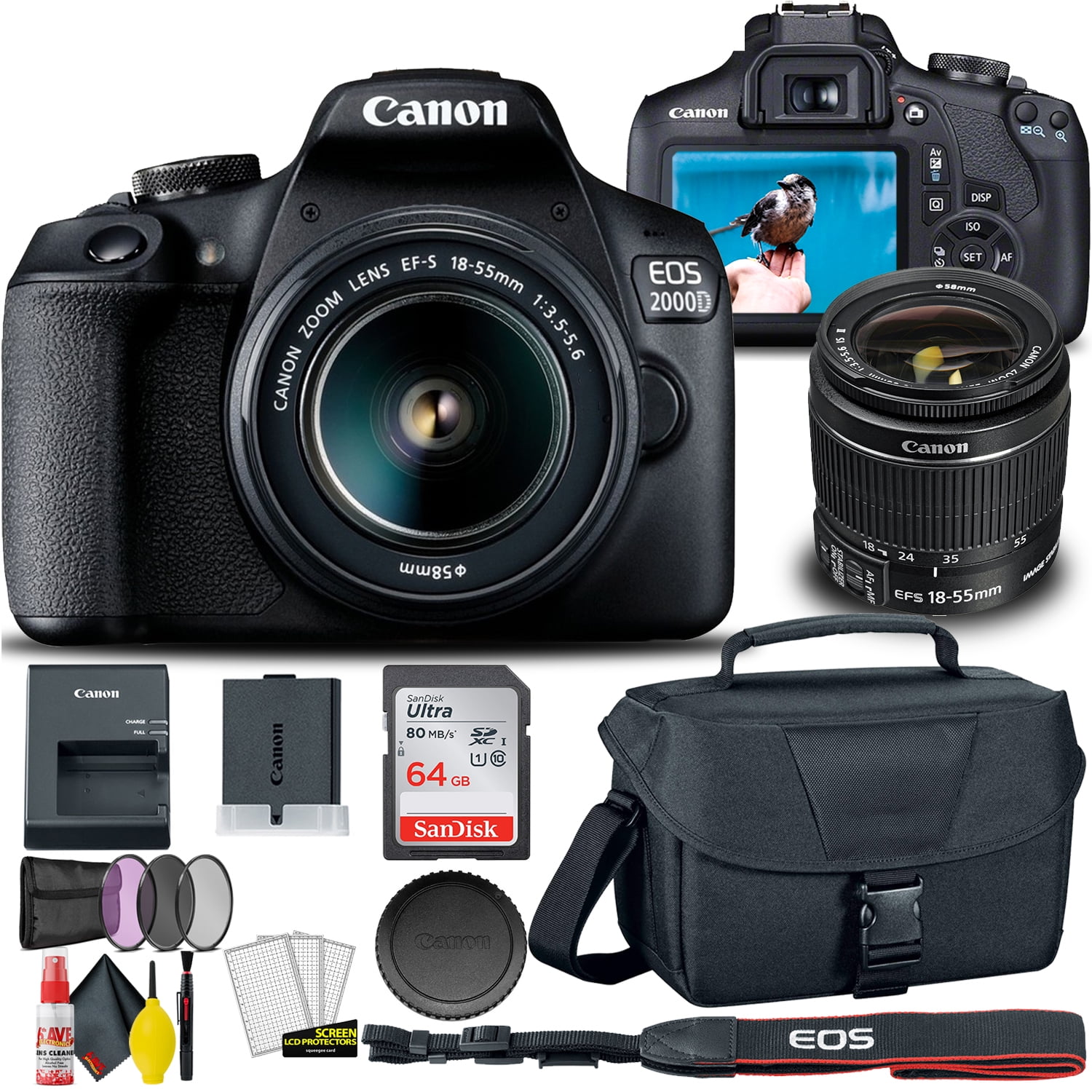 Canon EOS 2000D / Rebel T7 DSLR Camera with 18-55mm Lens (International Model) Bundle with Filter, Bag & SDXCMemoryCard