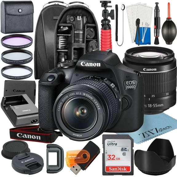Canon EOS 2000D (Rebel T7) DSLR Camera Bundle: Includes 18-55mm Zoom Lens + SanDisk 32GB Card + Backpack + Tripod + 3 Pieces Filter Kit and More (International Model)