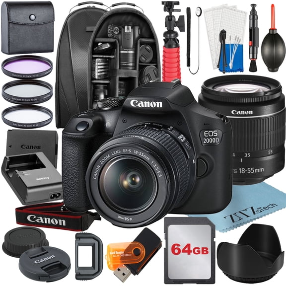 Canon EOS 2000D (Rebel T7) DSLR Camera Bundle: Includes 18-55mm Zoom Lens + 64GB Card + Backpack + Tripod + 3 Pieces Filter Kit and More (International Model)