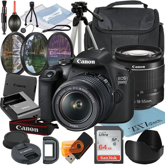 Canon EOS 2000D (Rebel T7) DSLR Camera Bundle: Includes 18-55mm Zoom Lens + SanDisk 64GB Card + Case + Tripod + 3 Pieces Filter Kit and More (International Model)