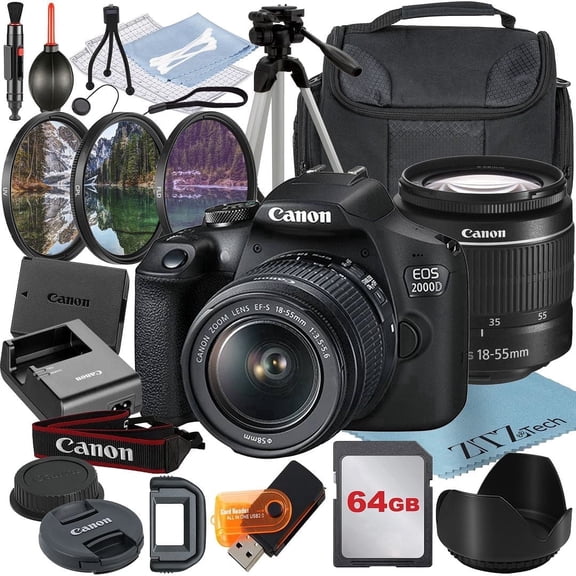 Canon EOS 2000D (Rebel T7) DSLR Camera Bundle: Includes 18-55mm Zoom Lens + 64GB Card + Case + Tripod + 3 Pieces Filter Kit and More (International Model)