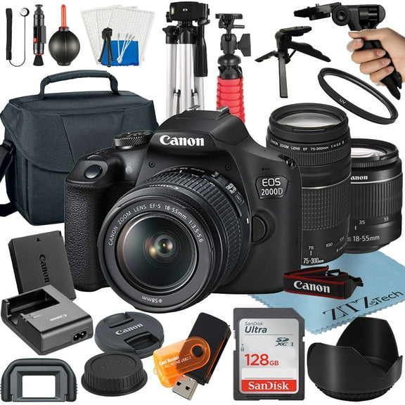 Canon EOS 2000D / Rebel T7 DSLR Camera Bundle with 18-55mm + 75-300mm Lens + 128GB SanDisk Card + Case + Tripod + ZeeTech Accessory (International Model)