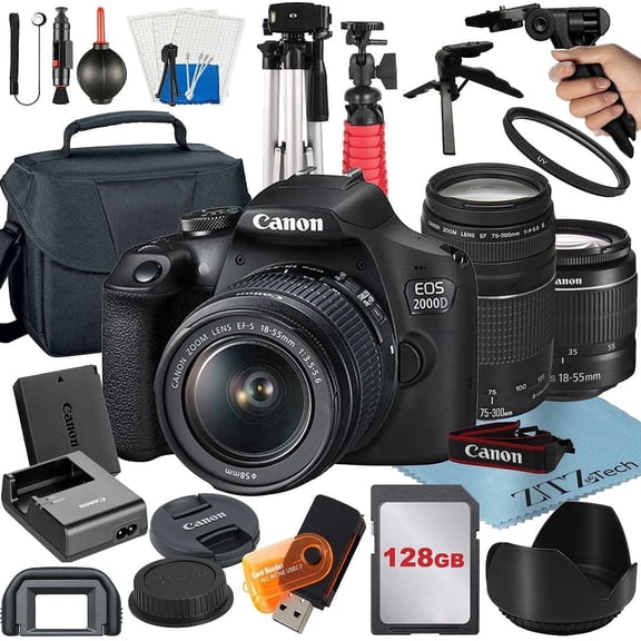 Canon EOS 2000D / Rebel T7 DSLR Camera Bundle with 18-55mm + 75-300mm Lens + 128GB Card + Case + Tripod + ZeeTech Accessory (International Model)