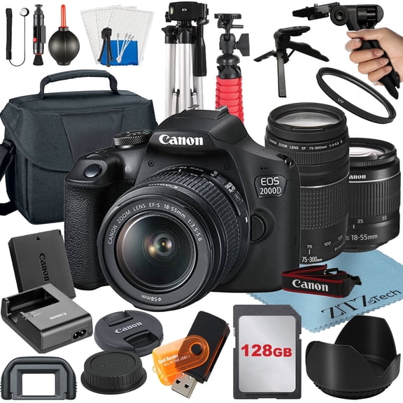 Canon EOS 2000D / Rebel T7 DSLR Camera Bundle with 18-55mm + 75-300mm Lens + 128GB SanDisk Card + Case + Tripod + ZeeTech Accessory (International Model)