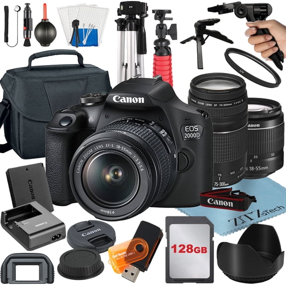 Canon EOS 2000D / Rebel T7 DSLR Camera Bundle with 18-55mm + 75-300mm Lens + 128GB SanDisk Card + Case + Tripod + ZeeTech Accessory (International Model)