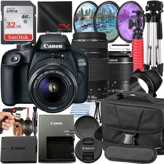 Canon EOS 2000D / Rebel T7 DSLR Camera Bundle with 18-55mm + 75-300mm Lens + 32GB Card + Case + Filter Kit + Tripod + SV Premium Accessory