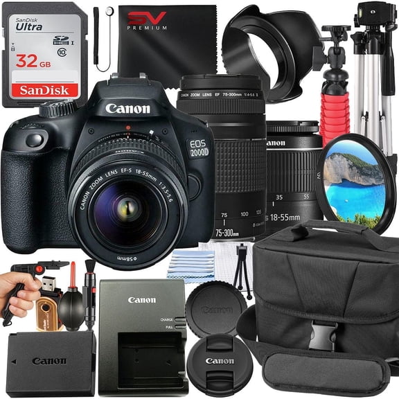 Canon EOS 2000D / Rebel T7 DSLR Camera Bundle with 18-55mm + 75-300mm Zoom Lens + 32GB SanDisk Card + Case + Tripod + SV Premium Accessory