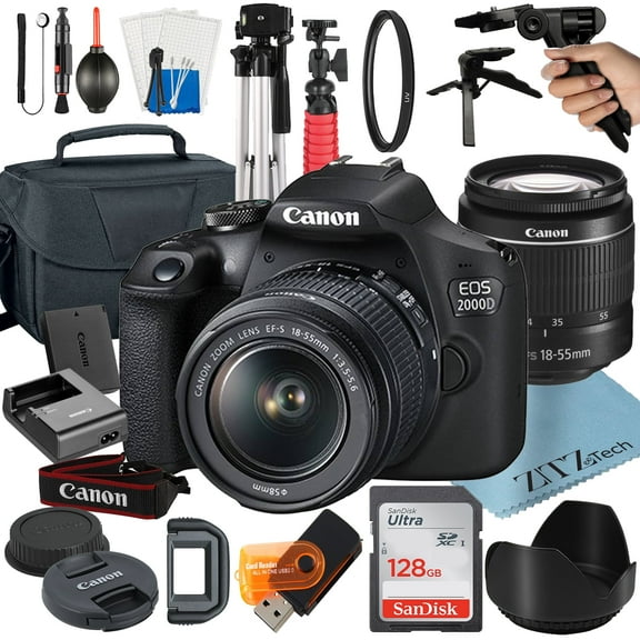 Canon EOS 2000D / Rebel T7 DSLR Camera Bundle with 18-55mm Zoom Lens + 128GB SanDisk Card + Case + Tripod + ZeeTech Accessory (International Model)