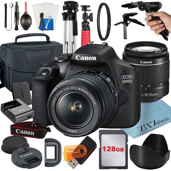 Canon EOS 2000D / Rebel T7 DSLR Camera Bundle with 18-55mm Zoom Lens + 128GB Card + Case + Tripod + ZeeTech Accessory (International Model)
