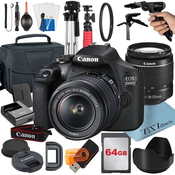 Canon EOS 2000D / Rebel T7 DSLR Camera Bundle with 18-55mm Zoom Lens + 64GB Card + Case + Tripod + ZeeTech Accessory (International Model)
