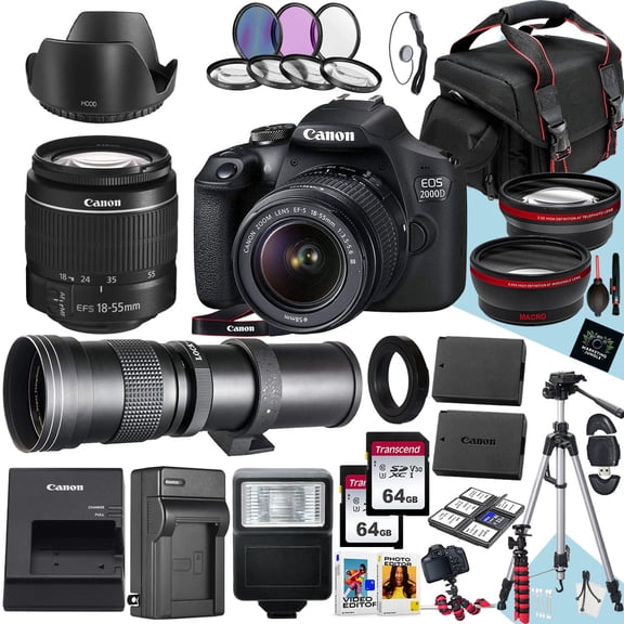 Canon EOS 2000D / Rebel T7 DSLR Camera With Canon EF-S 18-55mm F/3.5-5.6 DC III Zoom And 420-800mm f/8.3 HD Telephoto Zoom Lens + 128 GB Memory + More (International Version)