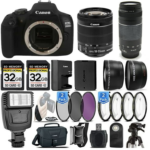 Canon EOS 2000D (Rebel T7) DSLR Camera + Canon EF-S 18-55mm f/3.5-5.6 IS STM Lens + Canon EF 75-300mm f/4-5.6 III Lens + Flash + 2 Of UV-CPL-FLD Filter - International Version (No Warranty)