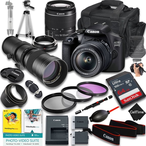 Canon EOS 2000D / Rebel T7 DSLR Camera with EF-S 18-55mm f/3.5-5.6 IS II And 420-800mm f/8 Manual Super HD Telephoto Lens + 64GB Memory + More (23pc Bundle) (International Version)