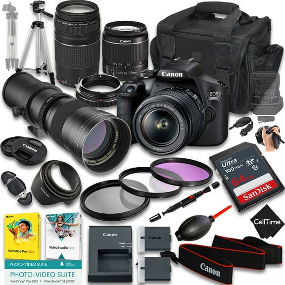 Canon EOS 2000D / Rebel T7 DSLR Camera with EF-S 18-55mm f/3.5-5.6 IS II And EF 75-300mm f/4-5.6 III & 420-800mm f/8 Lens + 64 GB Memory + Extra Battery + Camera Case + More (26pc Bundle)