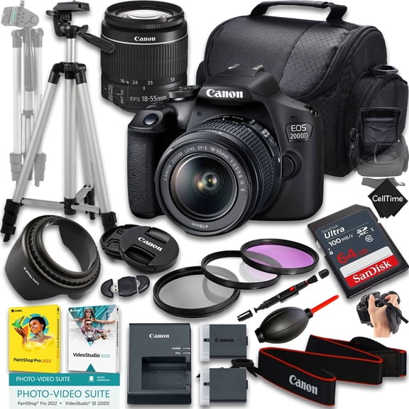 Canon EOS 2000D / Rebel T7 DSLR Camera with EF-S 18-55mm f/3.5-5.6 IS II Lens + 64GB Memory + Extra Battery + Camera Case + Tripod + More (21pc Bundle) (International Version)