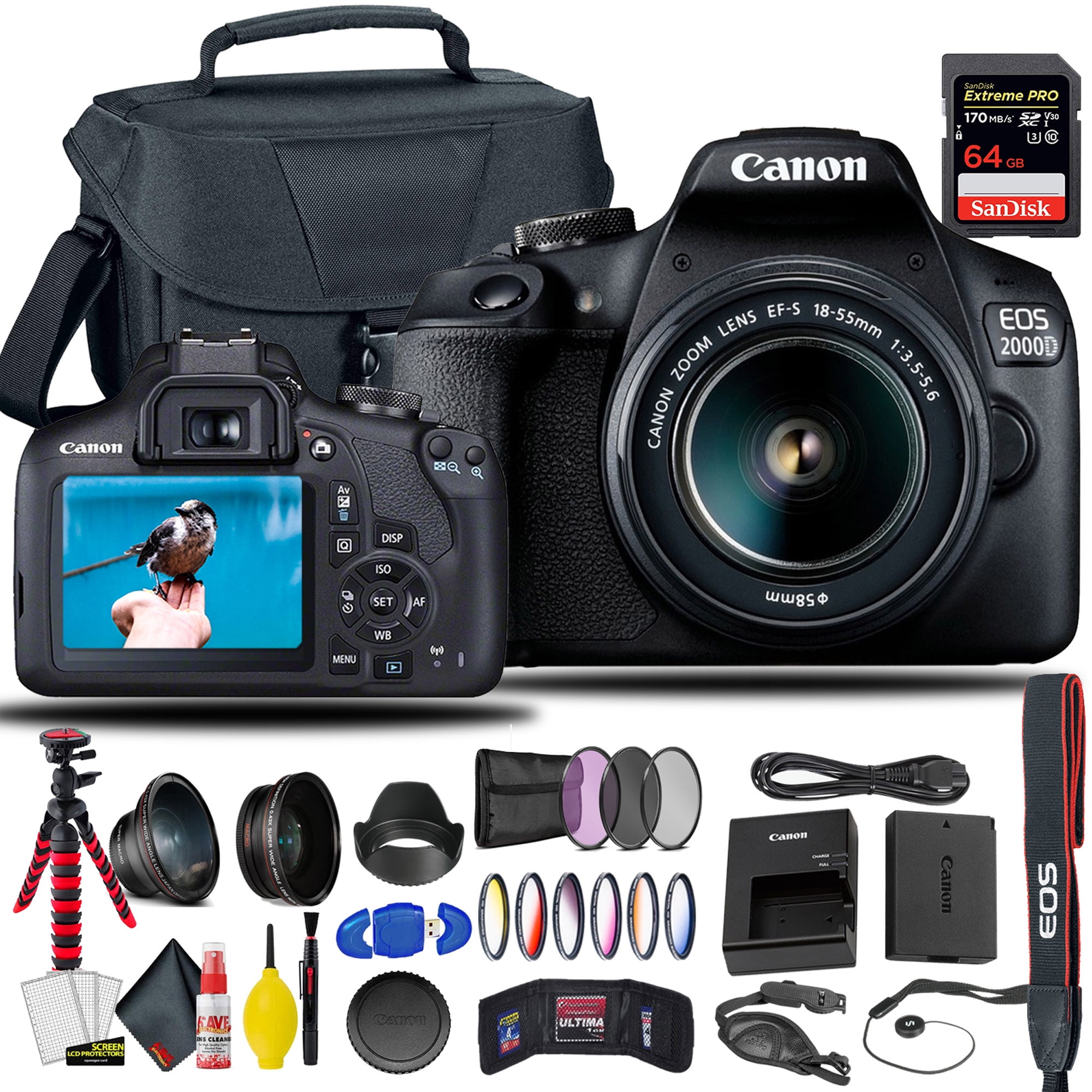 + with 128GB Tripod, More and EOS Flash, Bundle Camera f/3.5-5.6 DSLR 18-55mm Zoom 2000D Rebel + T7 Canon 20pc Card, Lens