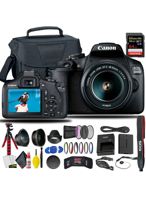 Canon EOS 2000D / Rebel T7 DSLR Camera With 18-55mm Lens +  Sandisk Extreme Pro 64GB Card + Creative Filters + EOS Camera Bag + Cleaning Set, + More (International Model)