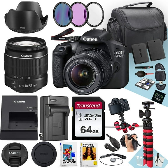 Canon EOS 2000D / Rebel T7 DSLR Camera With Canon EF-S 18-55mm F/3.5-5.6 DC III Zoom Lens   64 GB Memory   Hood   Extra Battery   Battery Charger   Filters   More (27pc Bundle)