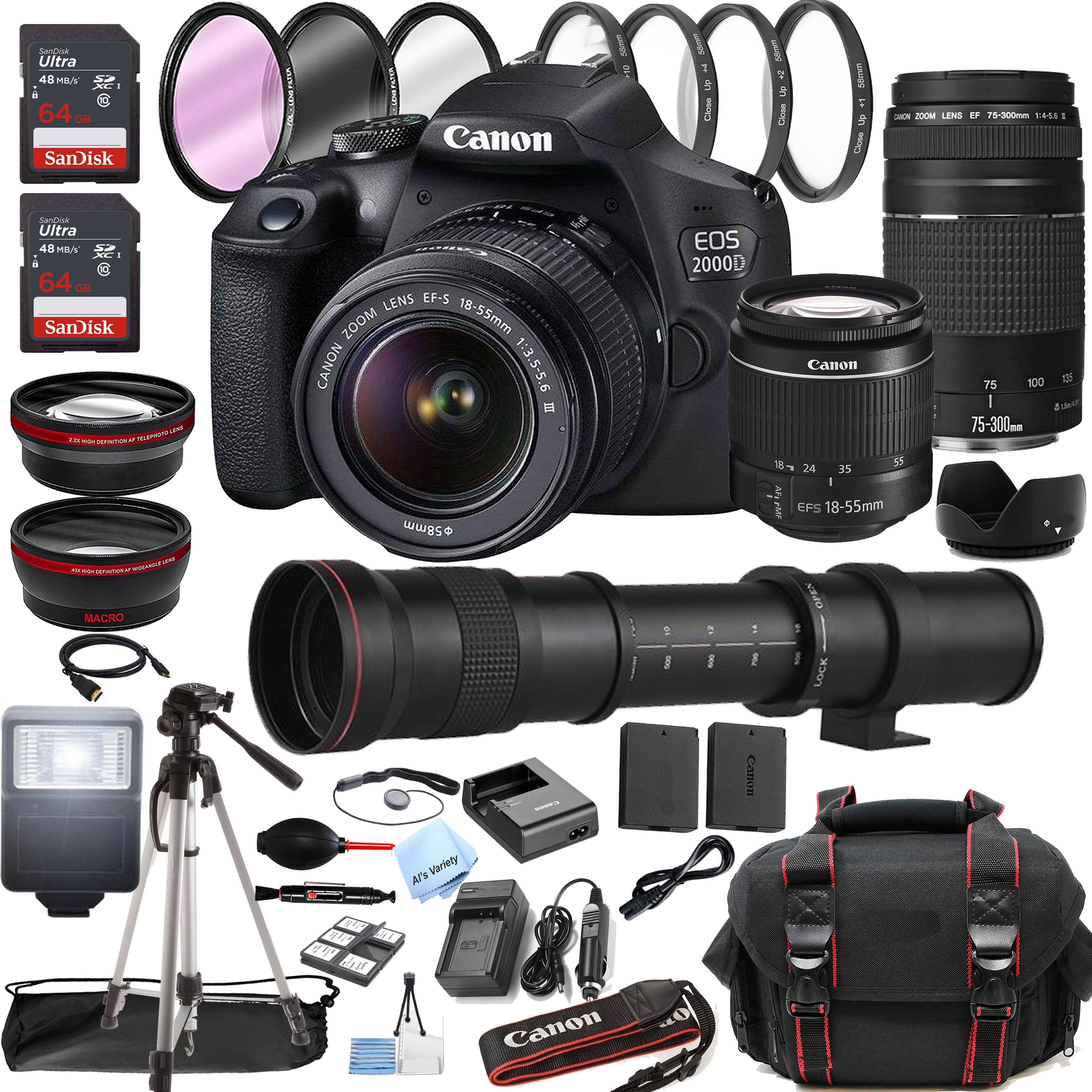 Canon EOS 2000D / Rebel T7 Digital SLR Camera 24.1MP with 18-55mm Zoom Lens  + ZeeTech Accessory Bundle, 2 Pack SanDisk 32GB Memory Card, Telephoto and  Wideangle Lenses, Flash, Tripod 