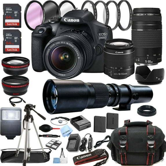 Canon EOS 2000D / Rebel T7 DSLR Camera w/18-55mm + 75-300mm Zoom Lenses + 500mm Preset Lens + 128GB Memory + Case + Tripod + Filters -38pc Bundle (International Version)