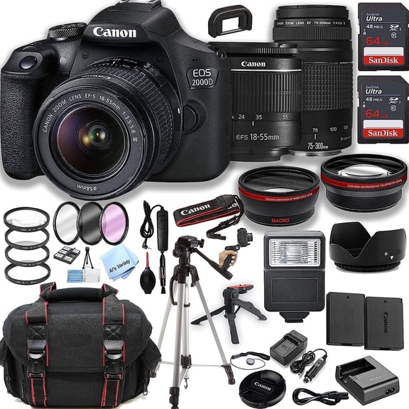 Canon EOS 2000D / Rebel T7 DSLR Camera w/ 18-55mm Zoom Lens + 75-300mm III Lens + 2pcs 64GB Memory + Case+ Tripod + Steady Grip Pod + Filters + Macro + 2X Lens + 2X Batteries (International Model)