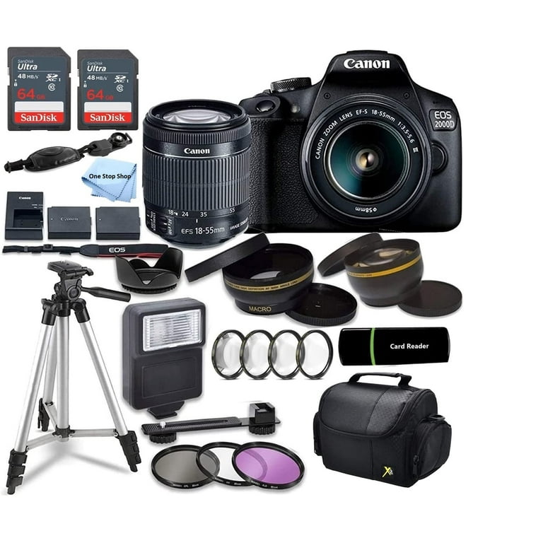 Canon EOS 2000D / Rebel T7 DSLR Camera w/EF-S 18-55mm f/3.5-5.6 Lens 3 Lens  Kit Bundled with 128GB Memory + Wide Angle Lens + Telephoto Lens + Flash +