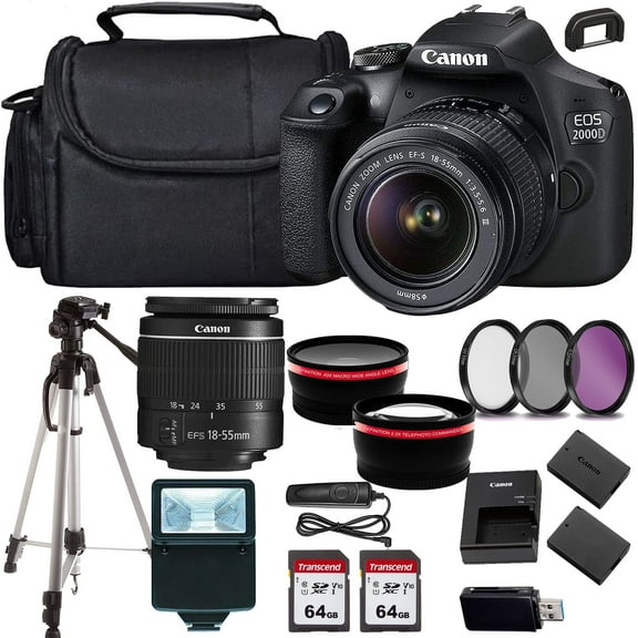 Canon EOS 2000D (Rebel T7) DSLR Camera w/Canon EF-S 18-55mm F/3.5-5.6 Zoom Lens+case+128Memory Cards (24PC)
