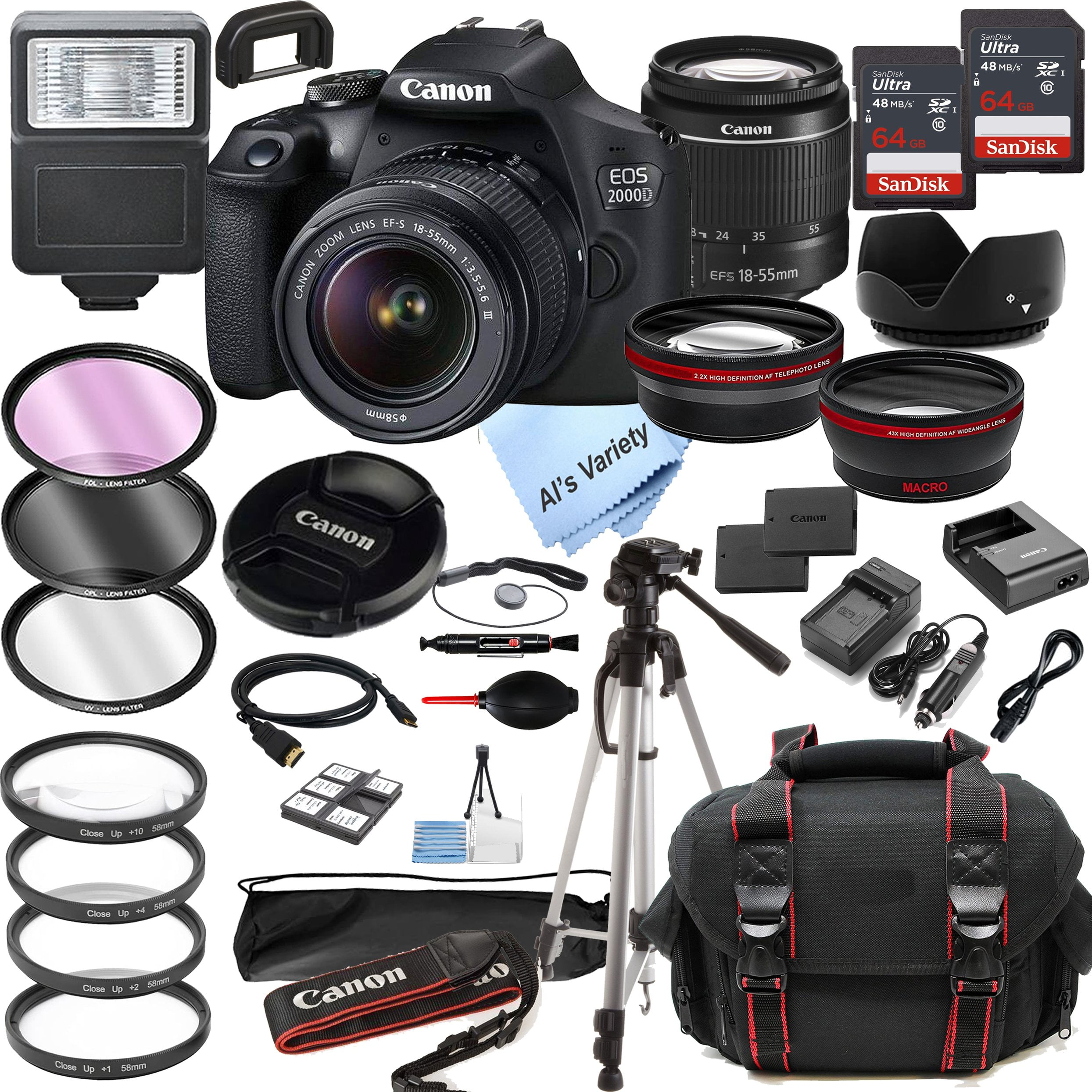 Canon EOS 2000D Rebel T7 DSLR Camera w/EF-S 18-55mm F/3.5-5.6 Zoom Lens +  128GB Memory + Case + Tripod + Filters 36pc Bundle