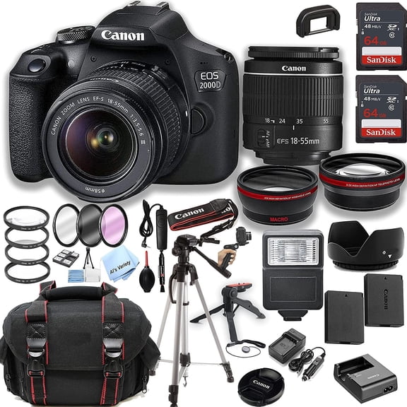 Canon EOS 2000D / Rebel T7 DSLR Camera w/EF-S 18-55mm F/3.5-5.6 Zoom Lens + 2pcs 64GB Memory + Case+ Tripod + Steady Grip Pod + Filters + Macro + 2X Lens + Remote + 2X Batteries (International Model)