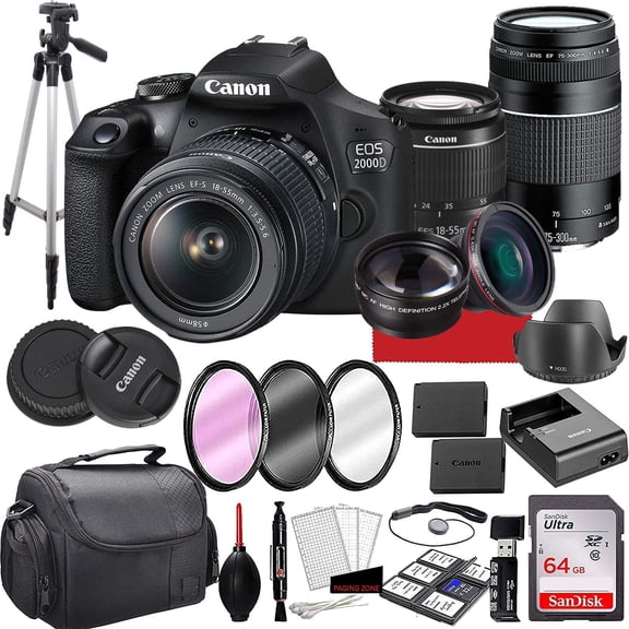 Canon EOS 2000D (Rebel T7) DSLR Camera with 18-55mm & 75-300mm III Zoom Lens Bundle + 64GB Memory, Case, Tripod and More