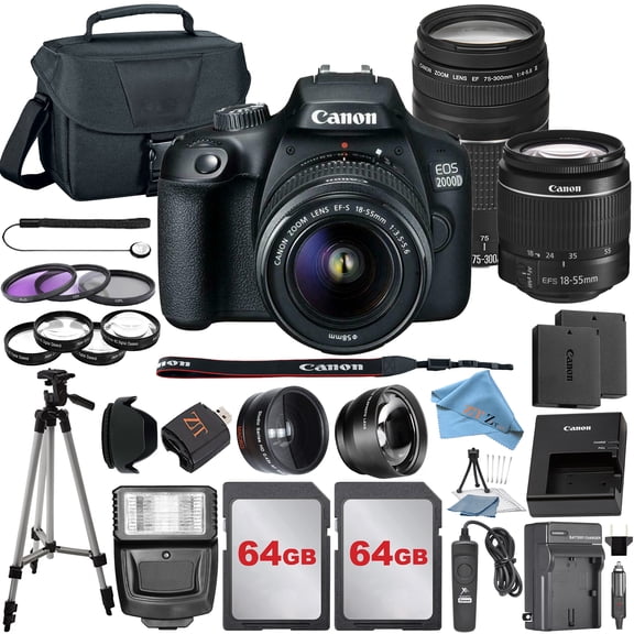 Canon EOS 2000D (Rebel T7) DSLR Camera Bundle: Includes 18-55mm Zoom Lens + 75-300mm Lens + 2 Pack 64GB Card + Case + Tripod + 3 Pieces Filter Kit and More (International Version)