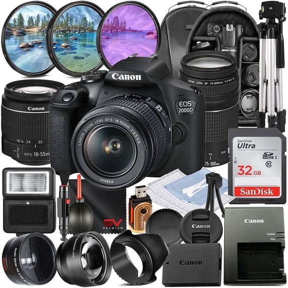 Canon EOS 2000D / Rebel T7 DSLR Camera with 18-55mm + 75-300mm Zoom Lens + 32GB Memory + Tripod + Backpack + SV Premium Accessory Bundle