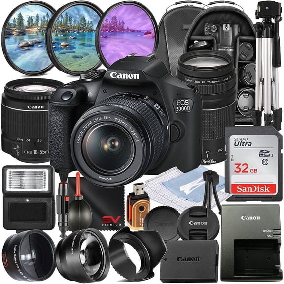 Canon EOS 2000D / Rebel T7 DSLR Camera with 18-55mm + 75-300mm Zoom Lens + SanDisk 32GB Memory + Tripod + Backpack + SV Premium Accessory Bundle