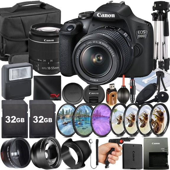 Canon EOS 2000D / Rebel T7 DSLR Camera with 18-55mm Lens + 2 Pack 32GB Memory Card + Case + Tripod + Telephoto + SV Premium Accessory Bundle (International Version)