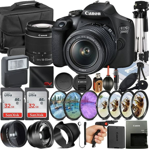 Canon EOS 2000D / Rebel T7 DSLR Camera with 18-55mm Lens + 2 Pack SanDisk 32GB Memory Card + Case + Tripod + Telephoto + SV Premium Accessory Bundle (International Version)