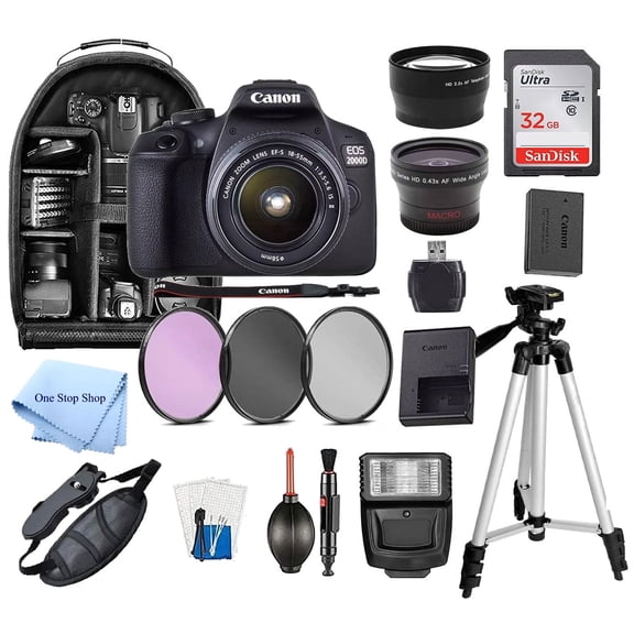 Canon EOS 2000D / Rebel T7 DSLR Camera with 18-55mm Lens, SanDisk 32GB Memory, Tripod, Backpack and Bundle