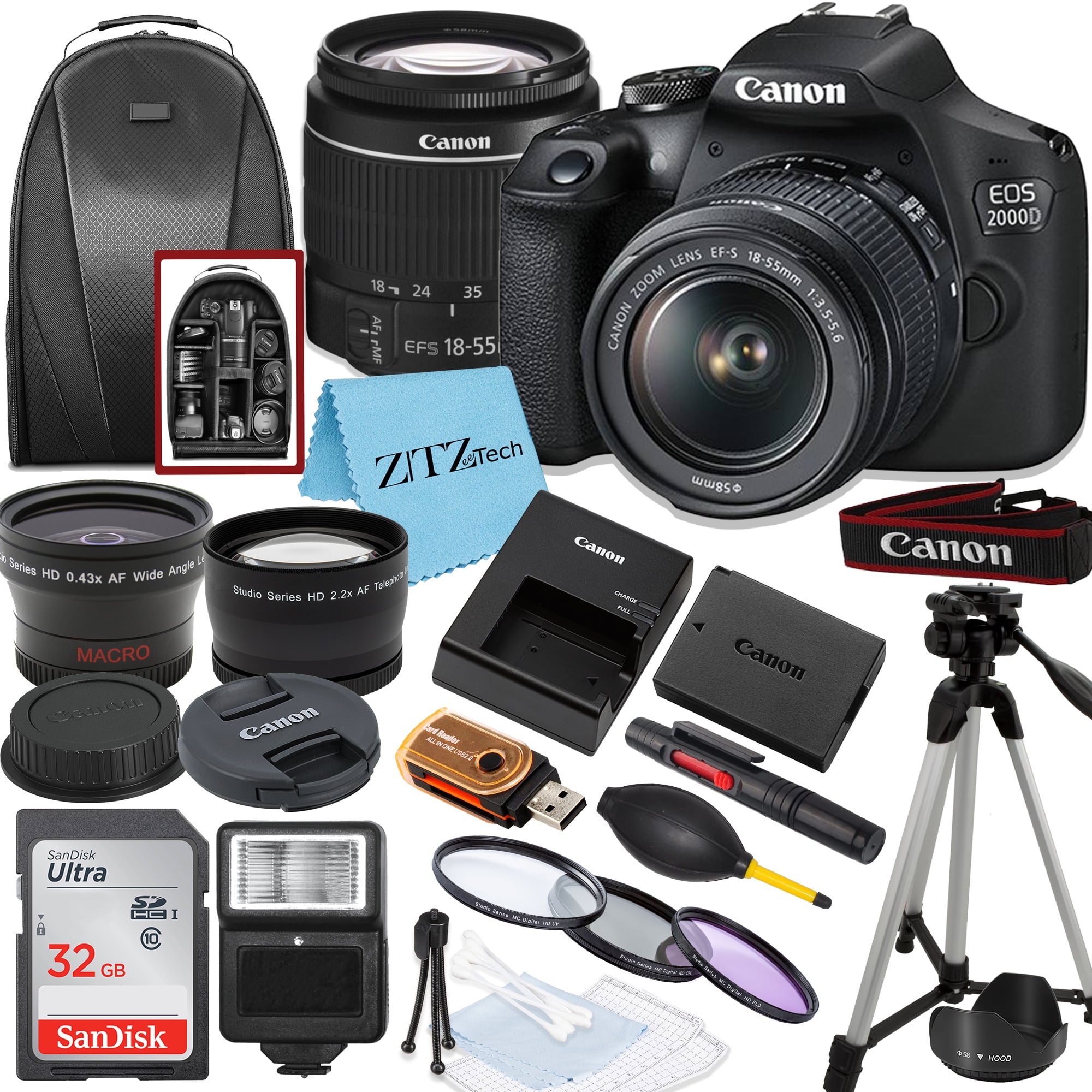  Canon EOS 2000D DSLR (Rebel T7) w/ 18-55mm Zoom Lens Kit +  64GB Memory, 420-800mm Super Zoom Lens, Wide Angle Lens, Telephoto Lens,  3PC Filter Kit, Photo Backpack, Tripod +