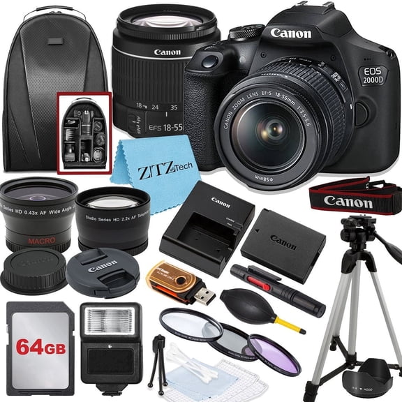 Canon EOS 2000D / Rebel T7 DSLR Camera with 18 to 55mm Lens, 64GB Memory, Tripod, Backpack and ZeeTech Bundle (International Model)