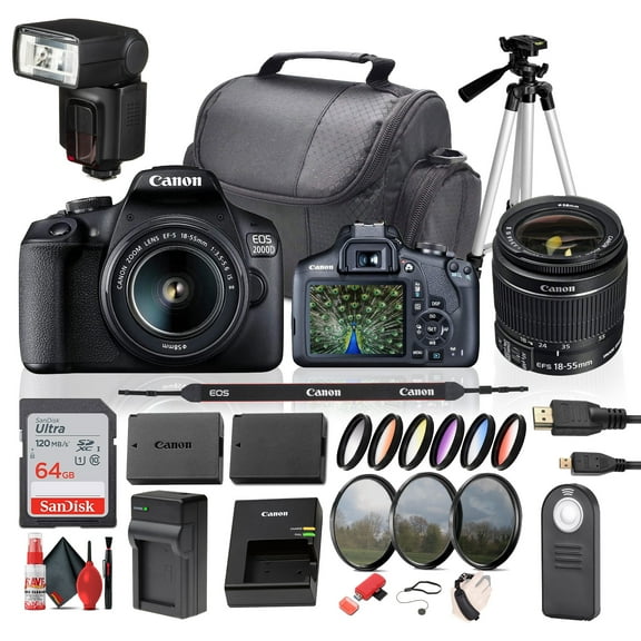 Canon EOS 2000D / Rebel T7 DSLR Camera with 18-55mm Zoom Lens, 64GB Card, Battery, Tripod, Flash, and More Bundle (International Version)