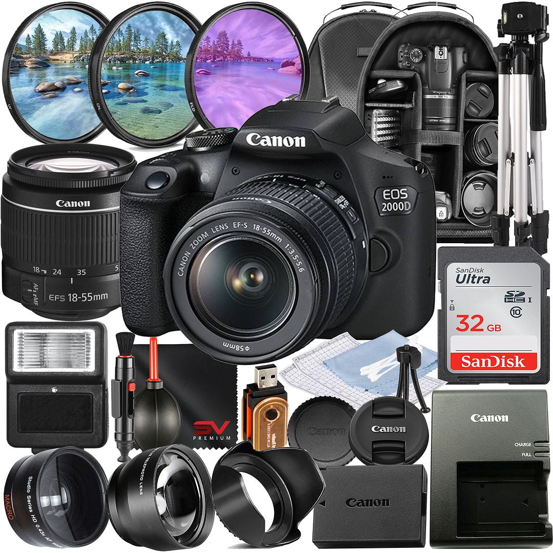 Canon EOS 2000D / Rebel T7 DSLR Camera with EF-S 18-55mm Lens + SanDisk  32GB Card Tripod Case Wideangle Lenses ZeeTech Accessory Bundle (20pc  Bundle)