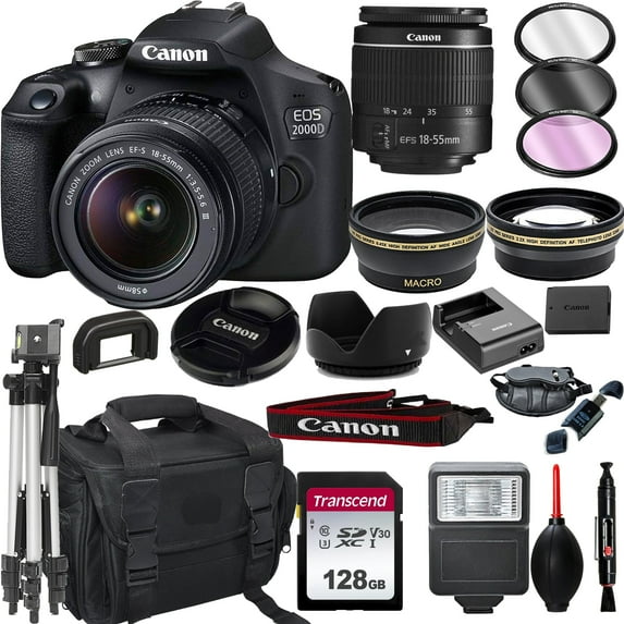 Canon EOS 2000D Rebel T7 DSLR Camera with 18-55mm f/3.5-5.6 Zoom Lens + + 128GB Card, Tripod, Flash, and More 20pc Bundle