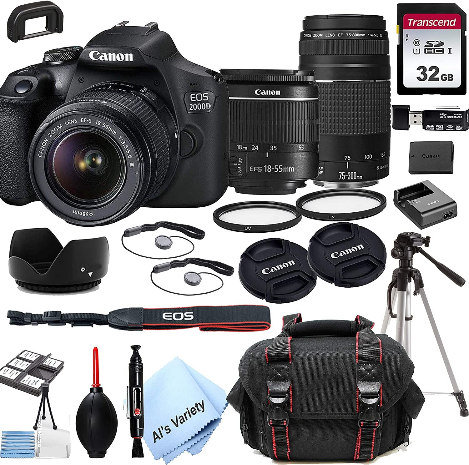 Canon EOS 2000D Rebel T7 DSLR Camera with 18-55mm f/3.5-5.6 is Zoom Lens + 75-300mm F/4-5.6 III Lens + 32GB Card, Tripod, Case, and More 24pc Bundle (International Version)